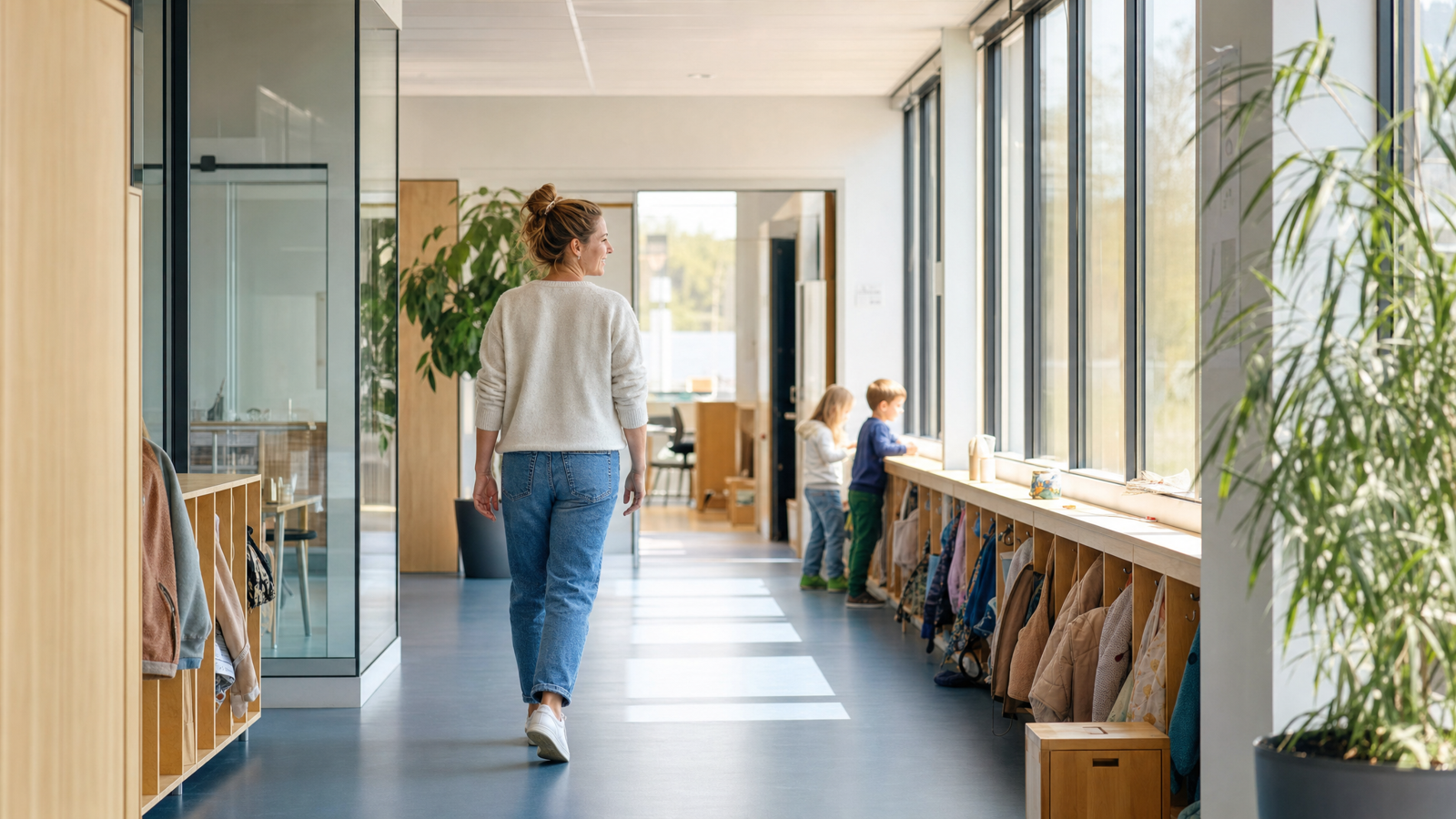 Docente loopt door een zonnige schoolgang