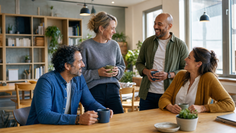 Docenten lachen samen in de lerarenkamer