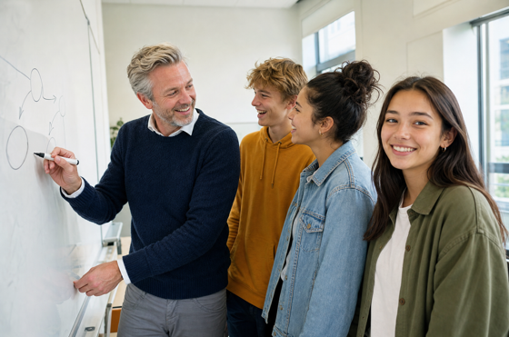 Docent legt bij het whiteboard iets uit aan drie leerlingen